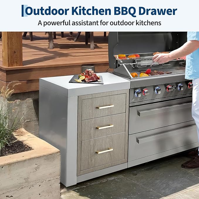 Stainless Steel Outdoor Kitchen Triple Drawers 18" W x 23" D x 23" H - Heavy Duty with Handles, Weather-Resistant Flush Mount for BBQ Island, Patio Grill & Outdoor Cooking Space