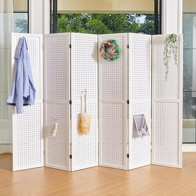Pegboard Display, 5.6Ft Wooden Room Divider Folding Privacy Screens Portable Freestanding Wall Organizer for Retail Craft Art Display Board (6panels, White)