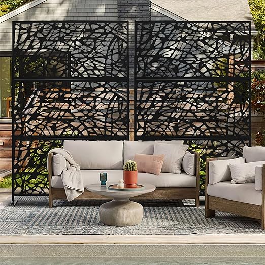 Casaphoria 72" H x 47" W Metal Outdoor Privacy Screen, Freestanding Decorative Divider for Patio, Deck, Balcony, and Garden with Stable Base, Black Net