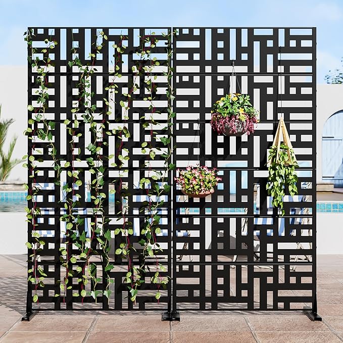 Casaphoria 72" H x 35" W Metal Privacy Screen, Outdoor Freestanding Decorative Divider for Patio, Deck, Balcony, and Garden with Stable Base, Black-Helen
