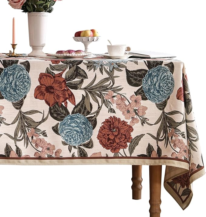 Designer French Linen Tablecloth for Rectangle Table,Red and Blue Floral Rustic Durable Tablecloths,Decor Table Cover for Kitchen,Dining,Thanksgiving,Home,63" × 87"-Burgundyred