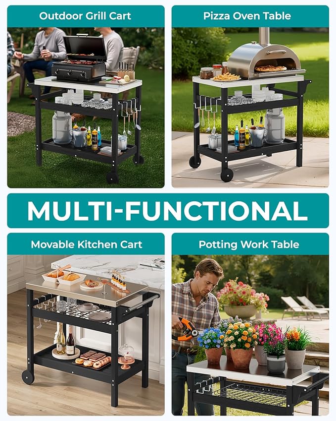 SERWALL Outdoor Grill Cart Table with Three Tier Storage Shelves, Movable Prep Cart, Weather-Resistant HDPE Material, Dining Cart Table for Outdoor Cooking, Four Hooks, Black