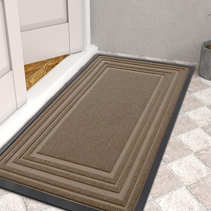 Buganda Front Door Mat Indoor Outdoor Entrance, Non-Slip Natural Rubber Doormats, Easy Clean, Low Profile, Dirt Trapper Entryway Floor Mats for Outside, Garages and Patios, 29.5x17, Light Brown