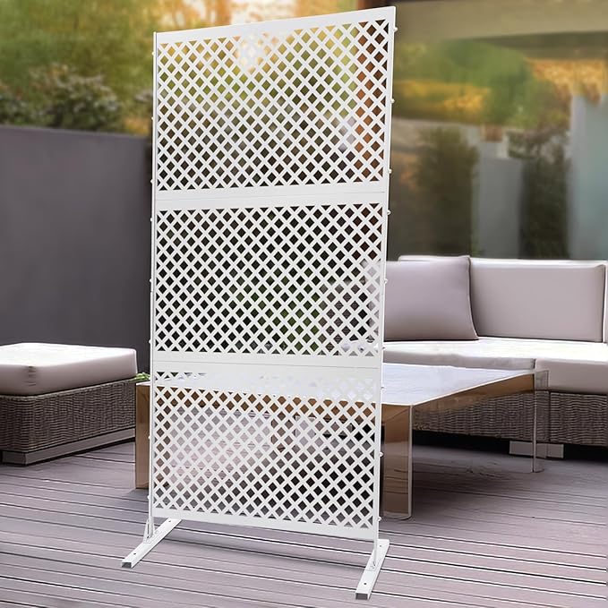 75" H×35" W Decorative Outdoor Privacy Screen with Stand, Outdoor Decor Privacy Fence Screen Metal Fence Panels, Free Standing Metal Divider for Patio Lawn Deck (White-Small Square)