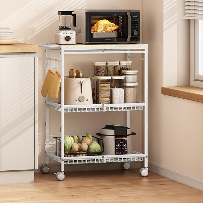 Microwave Kitchen Cart with 2 Lockable Wheels, White Kitchen Storage Cart with Push Handle, 3 Tier Rolling Cart with 160Lbs Capacity for Kitchen Island, Restaurant, Coffee Bar, Living Room, Office