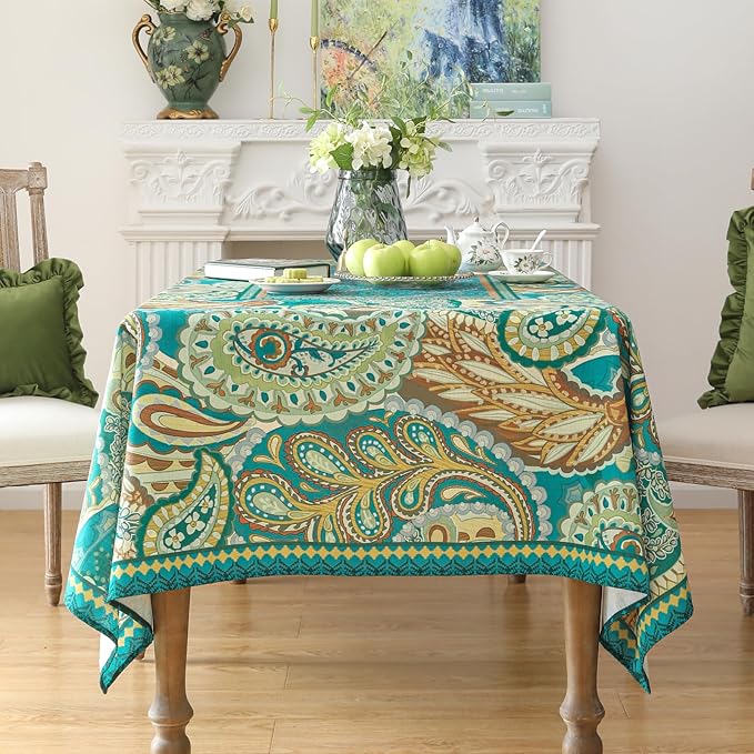 Designer Green Table Cloth Rectangle Table,Vintage Linen Wrinkle Resistant Durable Froal Tablecloth,Decor Table Cover for Home Christmas Thanksgiving Living Room Dining 55" × 79"-Milen