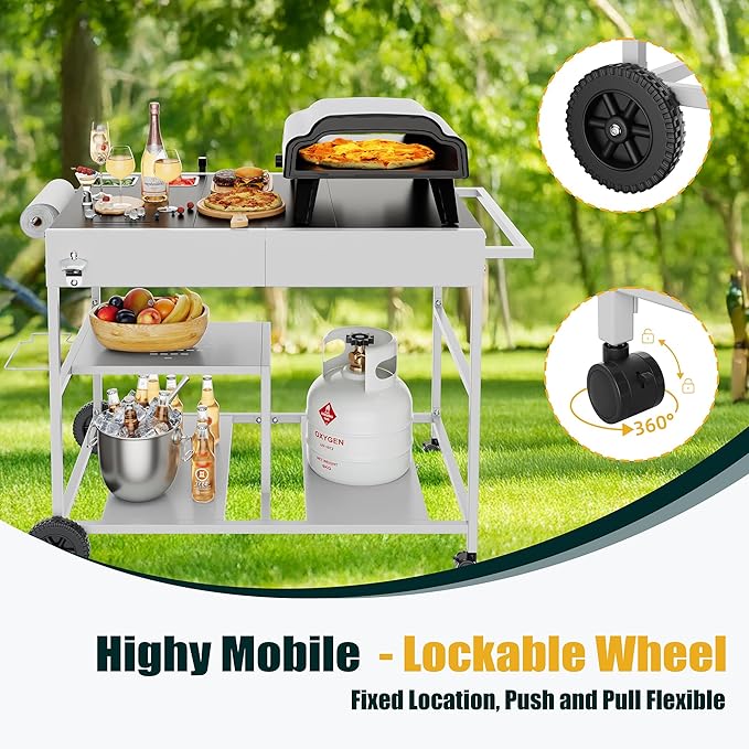 Shintenchi Pizza Oven Cart Table with Topping Station and Wheels, Outdoor Tabletop Grill Table Stand, Movable Food Prep Workcart Fits for Ninja and Blackstone Woodfire Grill