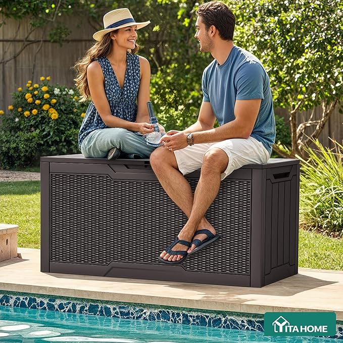 YITAHOME 80 Gallon Resin Deck Box, Weather Resistant Outdoor Rattan Storage Box, Lockable Indoor Outdoor Storage for Supplies and Essentials, Dark Brown