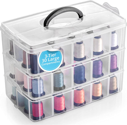 Bins & Things 3-Tier Stackable Storage Container - 30 Adjustable Slots Thread and Bead Organizer - Craft Box for Spools, Bobbins, Jewelry, Sewing, Art Supplies - Large, Clear