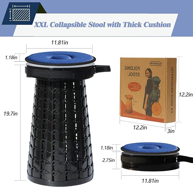 ALEVMOOM XXL Collapsible Stool with Thick Cushion,Taller 19.7" Wider 11.8" Camping Chair More Sturdy Capacity 1000LBS,Portable Telescoping Adjustable Stool for Garden Fishing Hiking BBQ (Large Black)