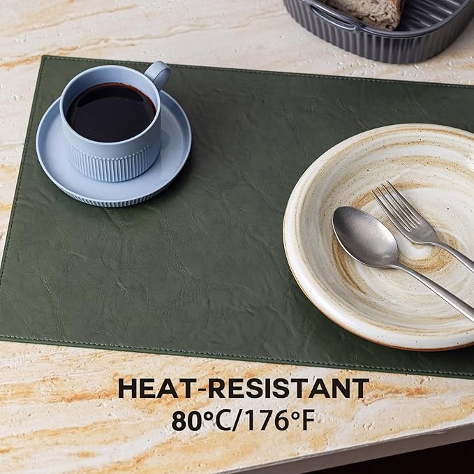 Faux Leather Placemats Set of 12 Vinyl Washable Wipeable Table Mats for Kitchen Dining Table Heat Resistant Waterproof Indoor/Outdoor Placemats Non-Slip Easy Clean Place Mats (Olive Green)