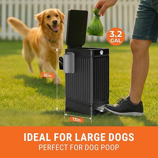 Pupzle Dog Poop Trash Can Outside, 3.2 Gal Metal Dog Waste Trash Can with Lid Outdoor, Waste Container with Pedal Garbage Poop Bin, Poo Bucket Outdoor with Lid for Backyard Odor Control