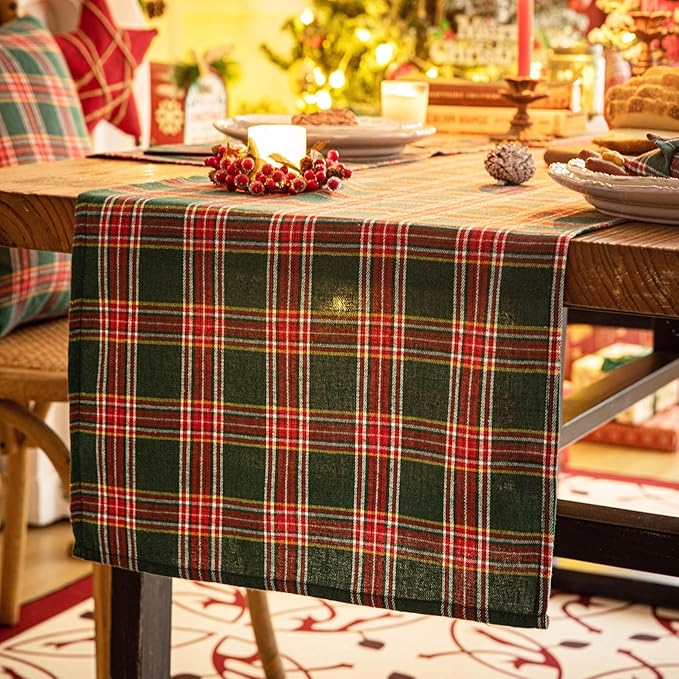 Green Red Plaid Christmas Table Runner, Winter Holiday Table Runners 48 inches Long, Xmas Decorations Indoor Outdoor Farmhouse Home Kitchen Dining Party Decor