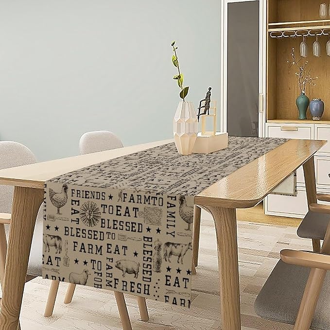 Farmhouse Animal Table Runner, Vintage Country Cow Chicken Sheep Pig Rustic Western Windmill Print Table Runner for Home Dining Kitchen Table Indoors Outdoors Party, 13x60inch