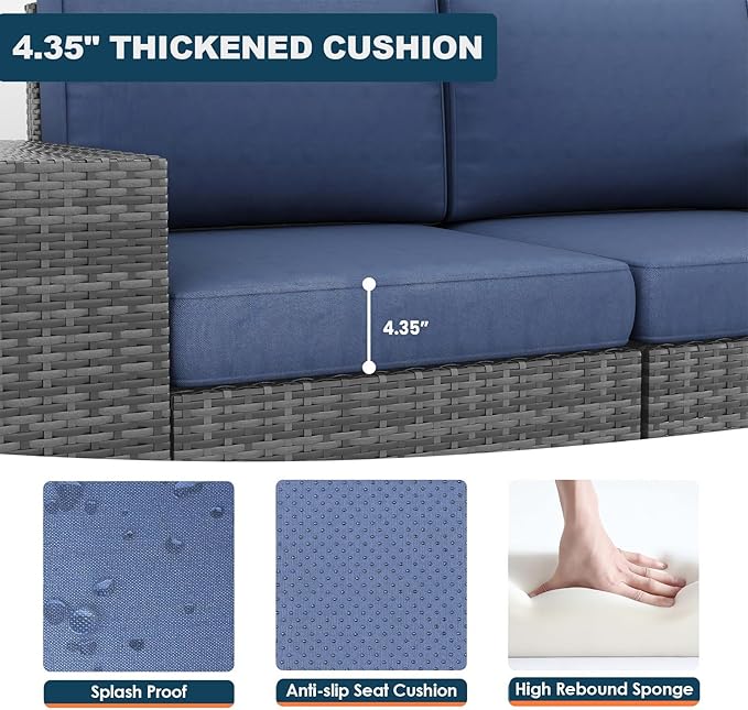 7 Piece Patio Furniture Set with Fire Pit Table, Outdoor Conversation Sets Wicker Rattan Sectional Sofa with Coffee Table, 4'' Thickened Cushion Navy Blue (Include Waterproof Cover)