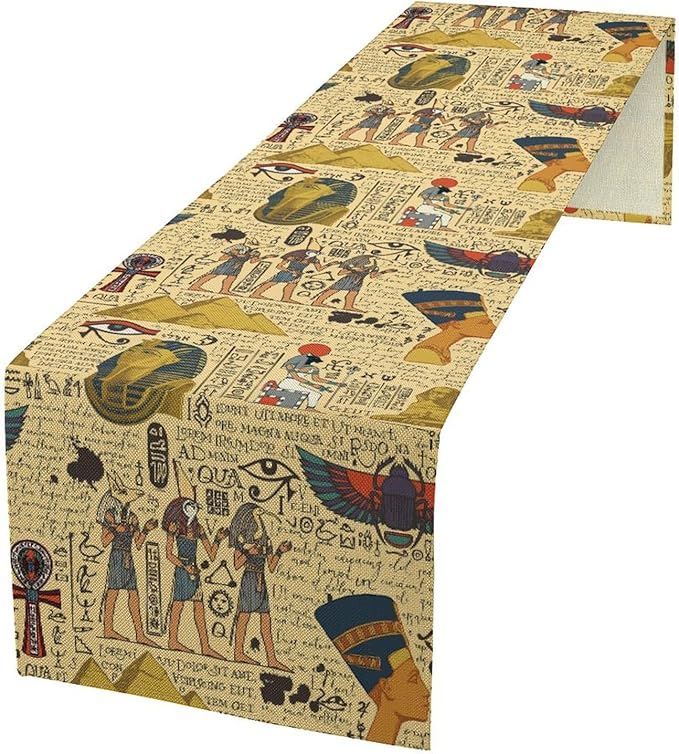 Ancient Egypt Table Runner, Egyptian Symbols Vintage Gold Pharaoh Pyramid Design Table Runner for Kitchen Family Dining Holiday Party 13x108in