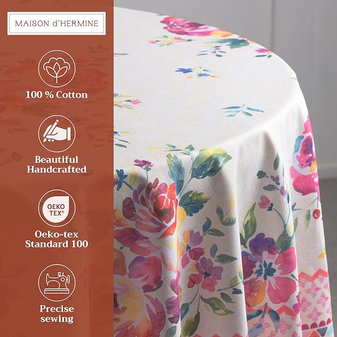 Maison d' Hermine Table Cloth Round Table 100% Cotton 69 Inches Tablecloth Reusable Decorative Everyday Use for Dining Room, Farmhouse, Home, Party, Festive & Wedding Spring Summer - Rose Garden