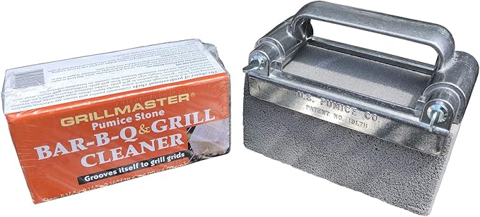 Grillmaster Combo - 2 x Grill Cleaning Pumice Bricks + Aluminum Brick Holder, Clean Restaurant Flat Top Grills or Griddles, Remove Carbon and Grease Without Chemicals