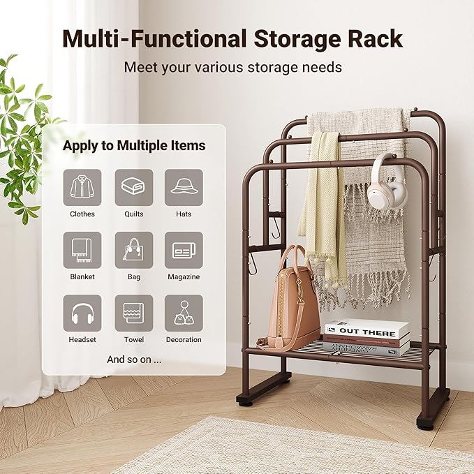 ELYKEN 40'' Tall Standing Towel Racks, 3 Tier Towel Drying Rack Outdoor, Pool Towel Stand Blanket Holder with Shelf & 4 Removable Hooks, Metal Freestanding Towel Racks for Bathroom, Smooth Silver