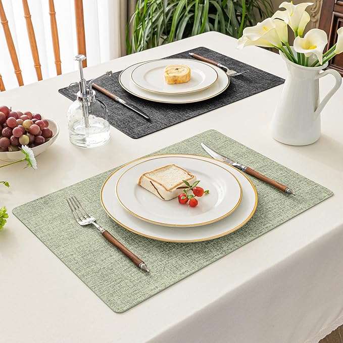 Romanstile Reversible Vinyl Placemats Set of 6, Faux Leather 100% Waterproof Oil-Proof Wipeable Place Mats, Heat Resistant Dual Sided Table Mats for Kitchen/Dining/Party (Grey Green, 12 x 17 Inch)