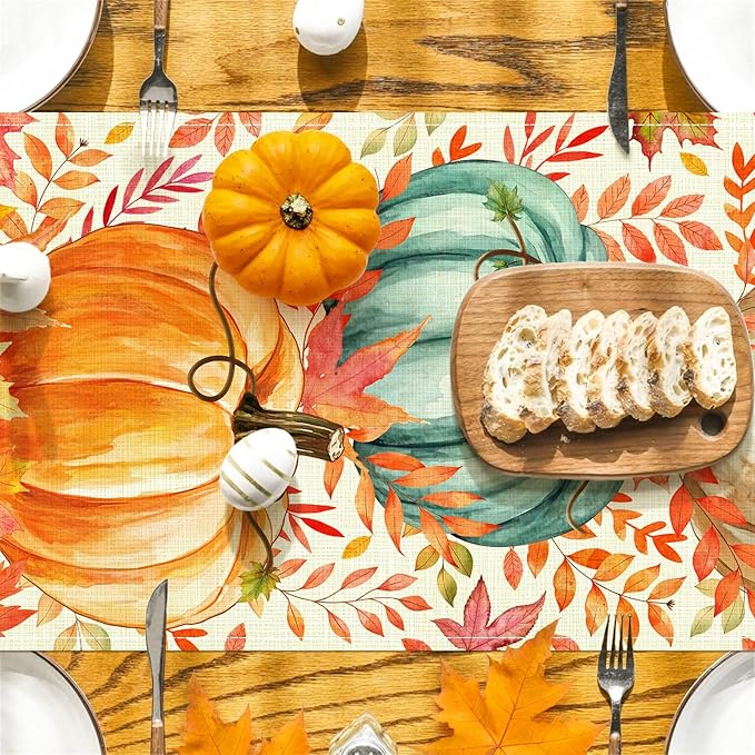Pumpkin Fall Table Runner, Maple Leaf Autumn Thanksgiving Kitchen Table Decorations for Home Party Decor 13×72 Inches