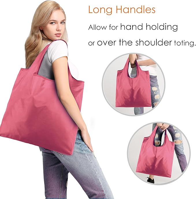 BeeGreen Pink Reusable Grocery Bags with Elastic Band Pink Reusable Shopping Bags Bulk 50LBS X-Large Foldable-Machine Washable-Heavy Duty 10 Pieces