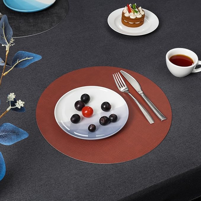 Myir JUN Round Dual-Sided Placemats, Faux Leather Set of 4 for Indoor and Outdoor Dining Tables, Non-Slip Washable Table Mats (Gray Terracotta)