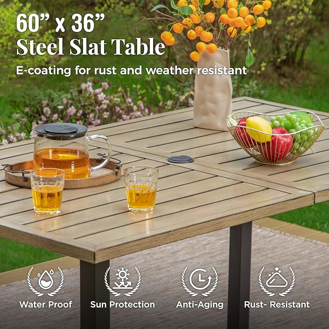 Outdoor Patio Dining Table for 6, 60" x 36" Rectangular Metal Patio Dining Table with Umbrella Hole and Wood-Like Tabletop, All Weather Wrought Iron Outdoor Table for Backyard and Porch