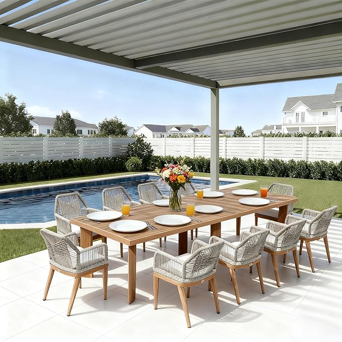 PURPLE LEAF 11 Pieces Patio Dining Set Aluminum Modern Oversize Rectangular Table and Rattan Arm Chairs with Cushions for Kitchen Porch Garden Outdoor Furniture Sets, Teak
