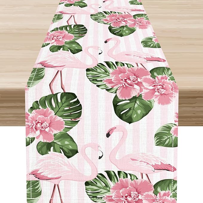 Tropical Table Runner,Retro Flamingo Hawaii Summer Palm Leaves Flower Stripes Table Center Decor for Family Kitchen Living Room Outdoor Farmhouse Party Table Decorations, 13"x72"