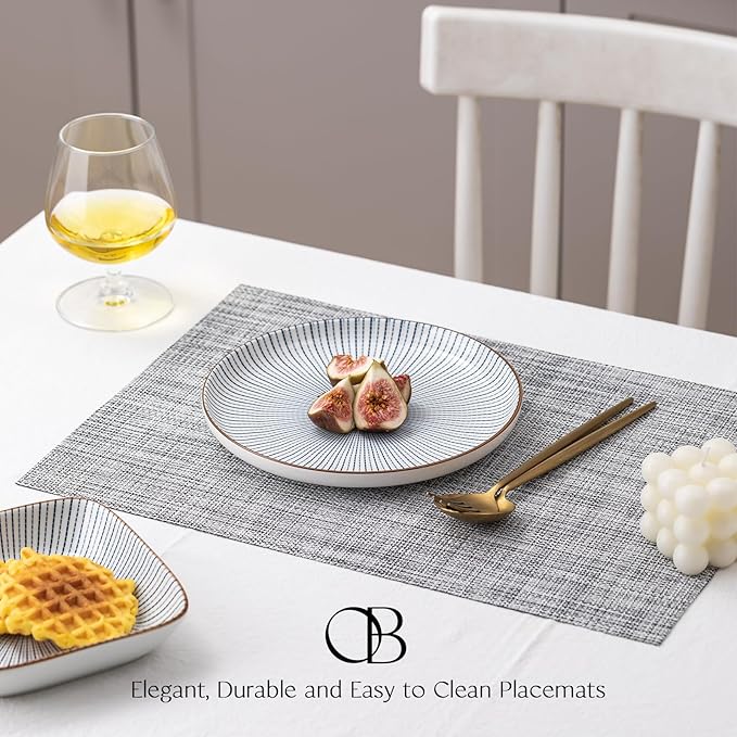 Placemats Set of 12 - Easy Clean Woven Vinyl Placemats for Dining Table, Indoor/Outdoor Place Mats, Washable PVC Table Mats（Gray）