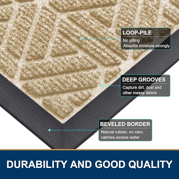 Smiry Front Door Mat Outside Entrance, Heavy Duty Sturdy Natural Rubber Doormat, Trap Dirt and Moisture, Easy Clean Low Profile Mats for Indoor Outdoor Entry, Grid Geometric (47x24, Beige)