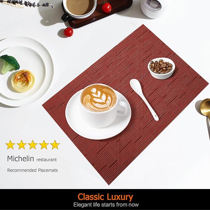 Placemats Set of 12 Washable&Wipeable Place mats for Dining Table Kitchen Indoor Outdoor Table Mats Heat Resistant Non Slip Woven Vinyl Table Placemats (Red，12PCS)