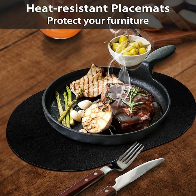 ADRIMER Placemats, Heat Resistant Oval Placemats Set of 4 Washable 12 x 17 Inch, Waterproof Table Mats, Wipeable Pu Place Mats for Kitchen, Dining Room, Black