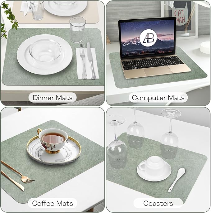 Faux Leather Placemats Set of 6 Table Mats Heat Resistant Reversible Place Mats, Waterproof Wipeable Dining Table Placemats for Home Party Outdoor, 16.9 x 11.8 inches (Sage Green/White)