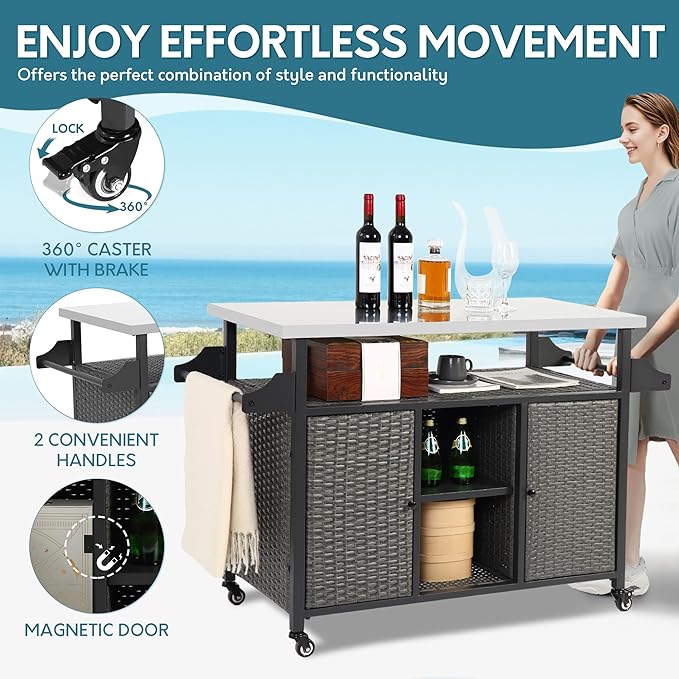 Outdoor Wicker Grill Cart with Storage Cabinet, Outdoor Moveable Bar with Rolling Wheels, Patio Prep Table with Wicker Cabinet, Kitchen Buffet Cabinet with Island, Grey