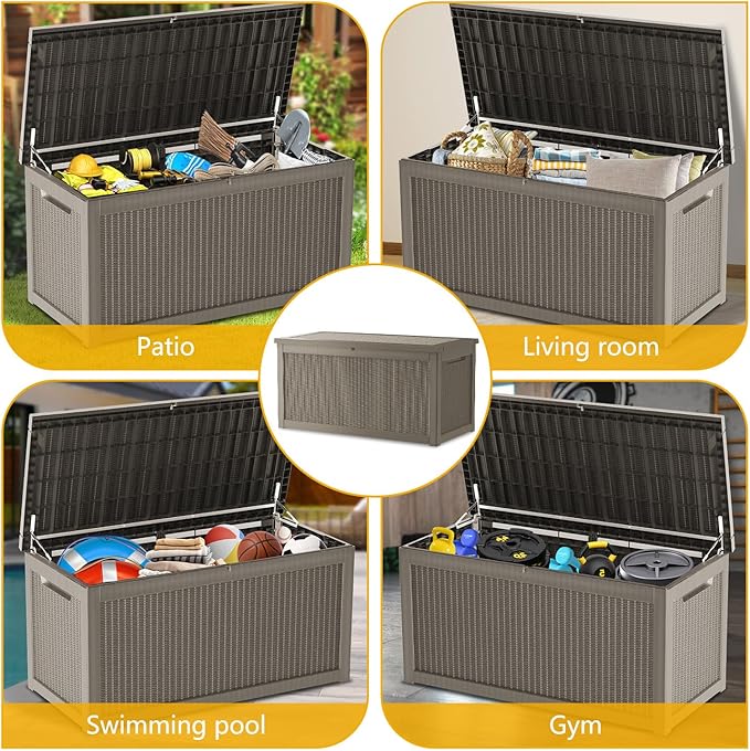 320 Gallon Deck Box, Resin Outdoor Indoor Waterproof Storage Box, Lockable Storage Box With Handle for Patio Furniture - Garden Tools - Swimming Pool Tools UV-Resistant (Grey 320 Gallon)
