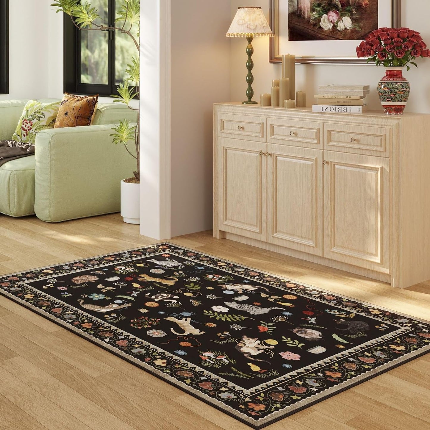 Rugcomf Bedroom Rug 3x5 Rug Washable Area Rug Non Slip Low Pile Boho Floral Animal Cat Small Carpet for Bedroom Bedside Kitchen Entryway Kids Room Office College Dorm Essentials for Girls, Black