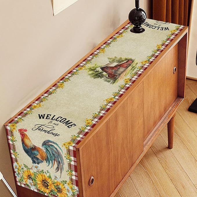 Rooster Table Runner, Farmhouse Red Plaid Sunflower Floral Chicken Farm Cow Pig Rustic Coffee Table Center Decor for Family Kitchen and Dining Room Outdoor Country Party Table Decorations, 13"x72"