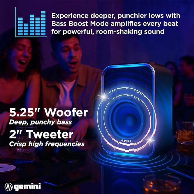 Gemini Portable Bluetooth Party Speaker with LED Lights - 600W Peak Power, 6Hr Battery, IPX5 Waterproof, USB/AUX/FM Radio for Outdoor BBQ Pool Parties (GNV-60)