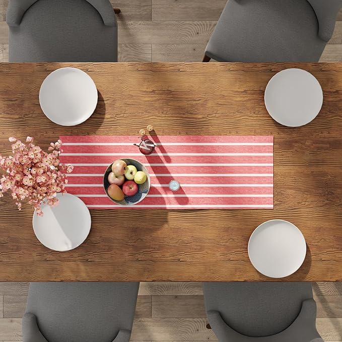 Encasa XO Cotton Dining Table Runner | Roma Red Stripes | Size 13x36 in - Machine Washable & Durable