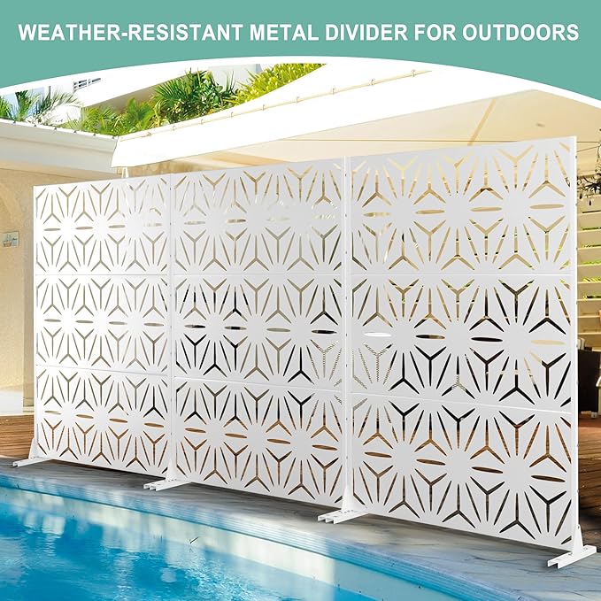 Metal Privacy Screen for Outdoor & Indoor Use, Free Standing Privacy Screen for Patio Garden Pool, 72" H x 47" W Decoative Privacy Panels, Weather Resistant, Easy Assembly (White Star)
