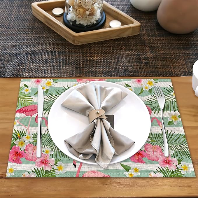 Flamingo Flowers Linen Placemats Set of 6,12x18 Inch Tropical Leaves Washable Table Mats Heat Resistant Place Mats for Home Party Kitchen Dining Decoration