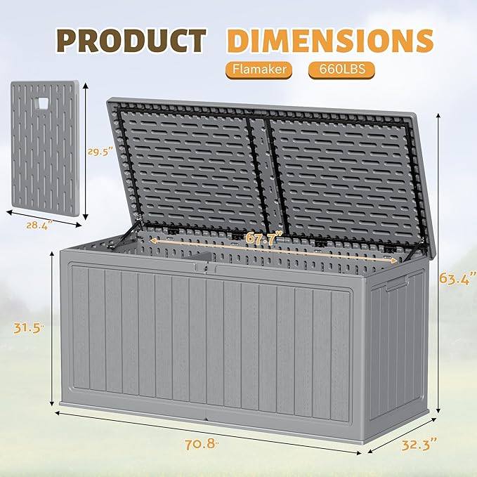 Flamaker Resin Deck Box 270 Gallon, Waterproof Imitation-Wood Lockable Storage Box with Separator Plate Outdoor Indoor, Garden, Patio Furniture for Tools&Pool Accessories (Gray)