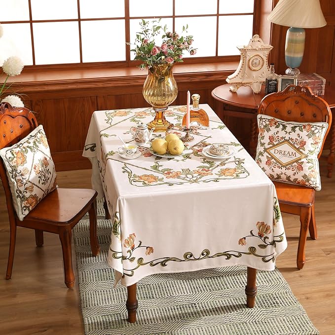 patdrea Designer Linen Rectangle Tablecloth,Vintage French Floral Tablecloths,Wrinkle Free Table Cloth,Decorative Table Cover Cloth for Kitchen,Dining,Tea Party,Home,Christmas,63"*87"
