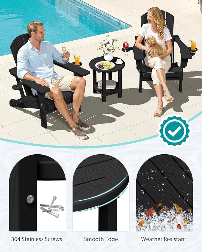 SERWALL Round Outdoor Side Table, HDPE Small Adirondack End Table,2-Tier Patio Side Table for Backyard Pool Porch Garden Lawn, Black