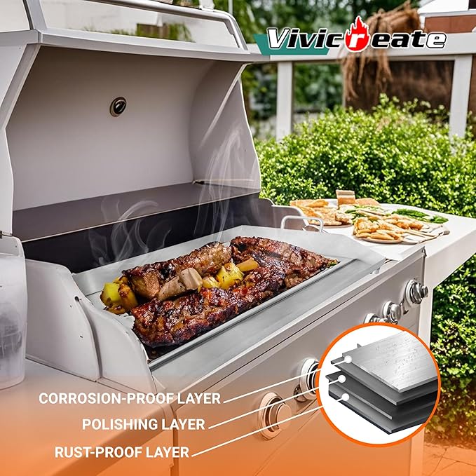 Vivicreate Stainless Steel Outdoor Griddle for Gas & Charcoal Grills, 38 lbs Flat Top Grill Plate with Grease Groove & Handles, Extra-Large BBQ Insert for Garden, Patio & Camping 31”x17”