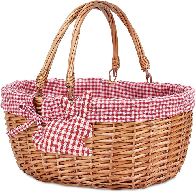 G GOOD GAIN Wicker Picnic Basket with Double Folding Handles,Willow Picnic Hamper,Natural Hand Woven Easter Basket,Easter Eggs and Candy Basket,Bath Storage,Gift Packing Basket.Red