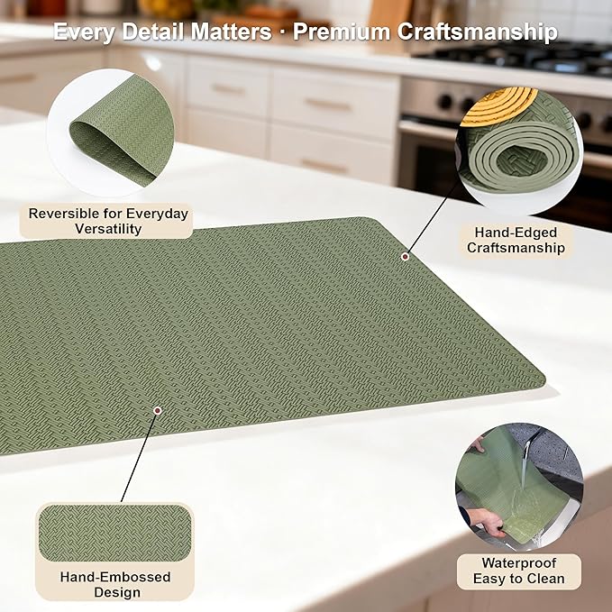 Faux Leather Placemats Set of 4 – 17x12 Inch Vinyl Table Mats, Heat Resistant, Non Slip, Wipeable & Washable, Easy to Clean Dining Table Decor for Kitchen & Dining Room（Olive Green）