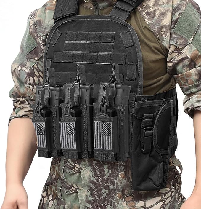 Open-Top Single/Double/Triple Molle Mag Pouch for 5.56mm M4 M16 AK AR Glock M1911 9mm Elastic Rifle Magazines Pistol Mag Pouches Holder Carrier with USA Flag Patch